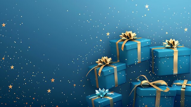 Minimalistic illustration of blue gifts with sleek golden ribbons, set against a cerulean blue background with pastel stars, artistic style