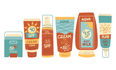 Bright set of cosmetics with SPF protection. Products are designed to nourish, protect and enhance your natural beauty. Products for the face, body. Various bottles of cosmetics lotion, cream, spray