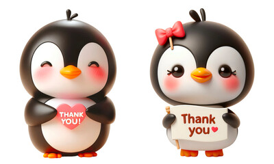 Set of penguin holding a placard with text THANK YOU 