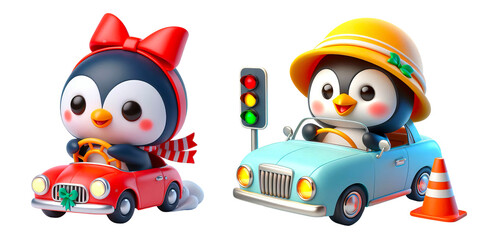 Set of cute penguin driving a car isolated on white background