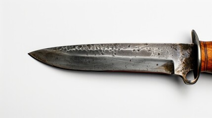 Hand crafted knife with dark blade wooden handle and metal guard on white background with space for text