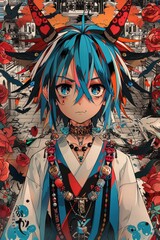 Fototapeta premium A vibrant anime-style illustration of a futuristic soldier with a high-tech rifle, wearing advanced armor.