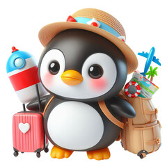 3D penguin traveler isolated on transparent background