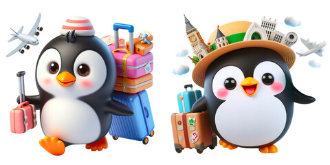 Set of 3D penguin traveler isolated on transparent background