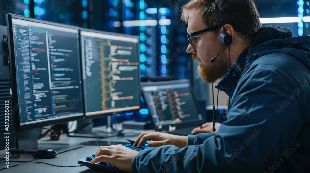 Poster Cybersecurity expert analyzing code on a computer screen