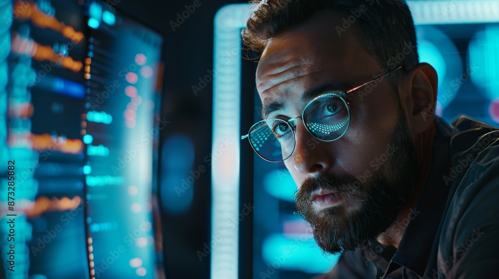 Poster Cybersecurity expert analyzing code on a computer screen