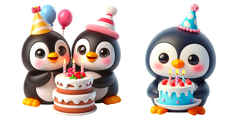 Set of penguin holding birthday cake