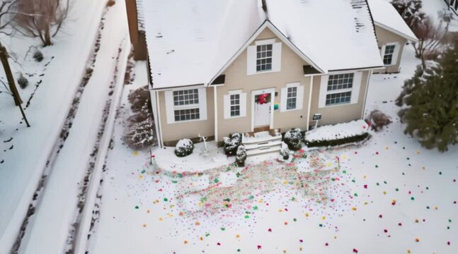 An exclusive HD view of snow covered houses top view