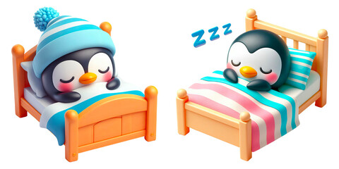 3D penguin in the bed isolated on transparent background