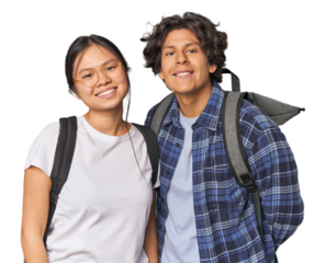 Young interracial student couple studying happy, smiling and cheerful.