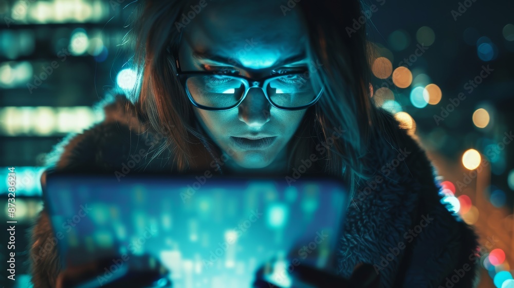 Poster Data breach alert on a tablet with a worried user