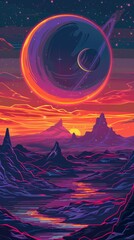 Pixel Art Alien Landscape Featuring Ringed Planets in the Metaverse, Exploration and Science Fiction Themes, AI-Generated High-Resolution Wallpaper