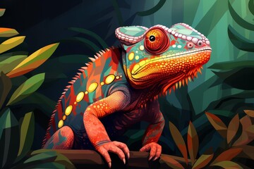 Obraz premium Chameleon posed with changing colors flat design top view rainforest theme cartoon drawing vivid