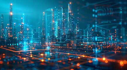 Fototapeta premium A digital oil plant with glowing graphs and data points, symbolizing the impact of AI on industrial technology. The background is an abstract cityscape at night, illuminated by blue lights. This