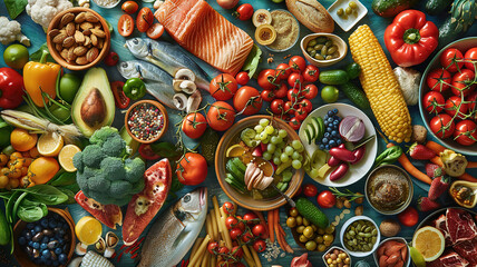 Beautiful Assortment of healthy food dishes top view