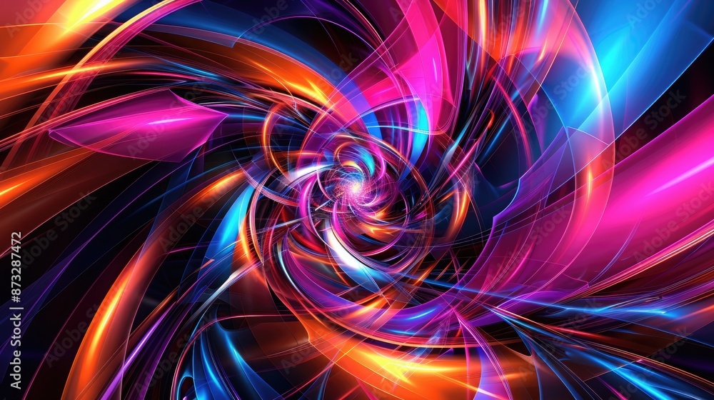 Poster a fusion of neon-colored swirls and geometric prisms, creating a luminous and modern abstract artwor