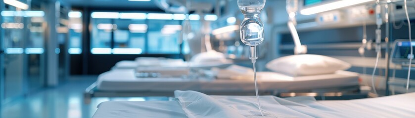 Modern hospital room with empty beds and IV stand in a clean and sterile environment, focused on patient readiness and medical equipment.