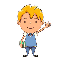 Kid student, book, blue, school uniform, waving hand, schoolboy
