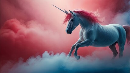 Obraz premium Majestic white unicorn with red mane galloping through fluffy