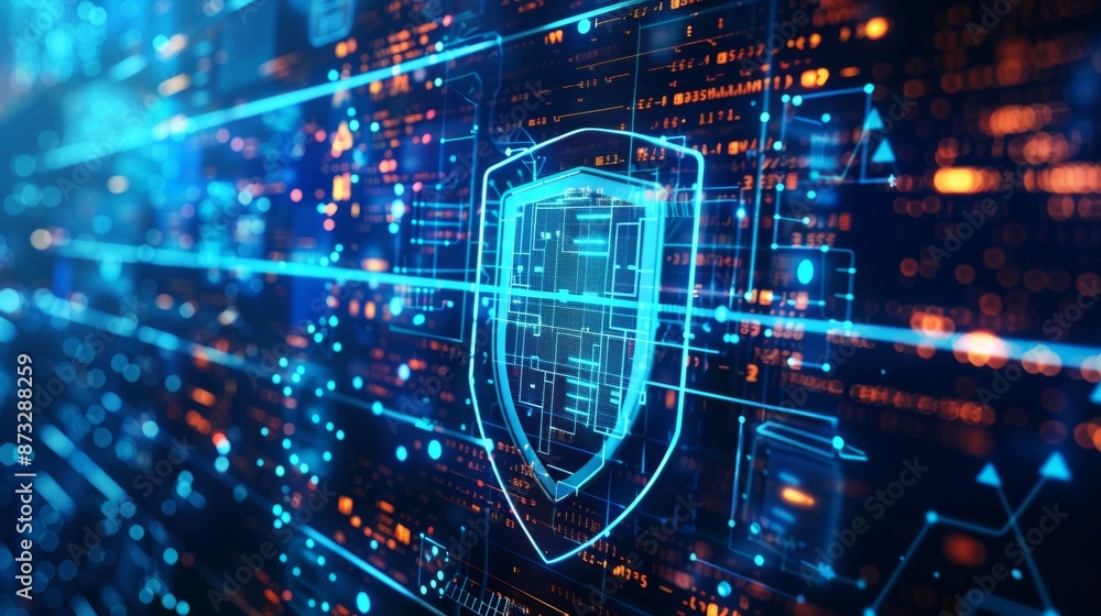 Poster Cybersecurity shield protecting a network on a futuristic interface