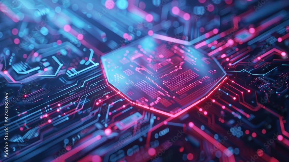 Poster Cybersecurity shield protecting a network on a futuristic interface