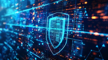 Cybersecurity shield protecting a network on a futuristic interface