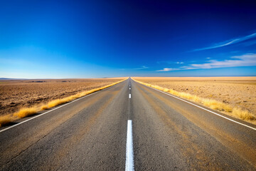 Fototapeta premium Straight asphalt highway stretches into the horizon, dissecting endless desert landscape under a vast, cloudless blue sky with a single, faded white center line.
