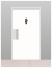 Fototapeta premium Public toilet and visitors entrances with corridor tilled floor, white doors metal handles concept flat vector illustration. 