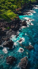 A beautiful view of the ocean and green cliffs.