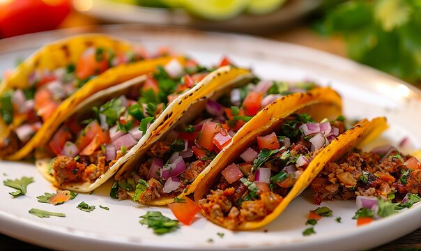 A plate of tacos with tomatoes and onions.