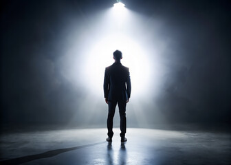 Obraz premium Mysterious dark silhouette of a man stands in shadows, powerful studio light casting a dramatic backlight, creating an enigmatic and introspective atmosphere.