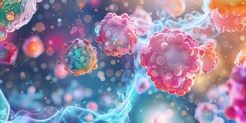 Obraz premium Colorful microscopic cancer cells with electric blue strands
