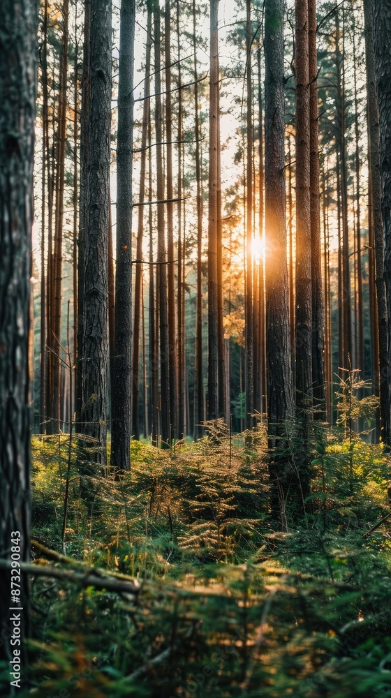 Poster a forest scene with tall pine trees, sunlight filtering through the branches and casting warm light 