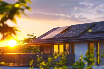 Obraz premium Solar panels on a house at sunset.