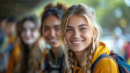 A group of cheerful girls with backpacks, dressed in casual attire, enjoying their time outdoors, creating a mood of friendship and adventure in a sunny environment.