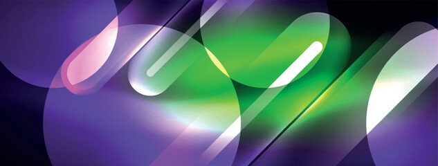 Abstract design pulsates with neon glowing light effects, casting an entrancing glow in the darkness, captivating the eye with its vibrant energy. Glass circles neon glowing light effects