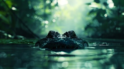 Naklejka premium A crocodile is swimming in the water in a jungle.