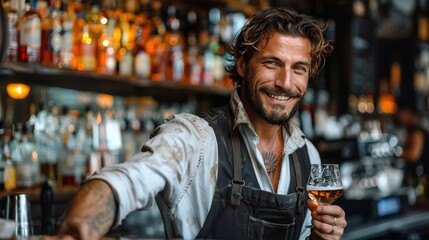 A bartender with a friendly smile, offering a glass of drink behind a bar decked with bottles. The setting exudes a welcoming and sociable atmosphere.