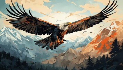 Condor spreading wings wide flat design side view mountains theme watercolor Complementary Color Scheme