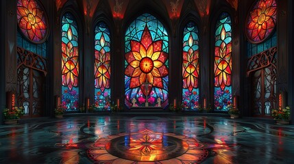 Intricate stained glass patterns depicting religious themes for spiritual and cultural illustrations. , Minimalism,