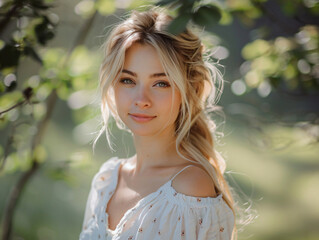 Naklejka premium a young woman with blonde hair, wearing a white blouse, standing in a field with sunlight streaming through the trees