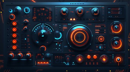 Modern tech-themed interface with frosted glass buttons in blue and orange, on a black background.