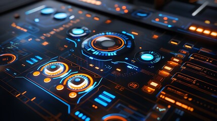 Obraz premium Modern tech-themed interface with frosted glass buttons in blue and orange, on a black background.