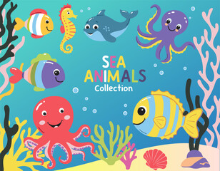 Wild marine animals. Inhabitants of the sea, cute, funny underwater crabs, octopus, seahorse. Flat cartoon illustration. Underwater scene with sea life