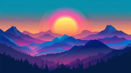 Obraz premium Sun rising behind majestic mountains with a colorful sky