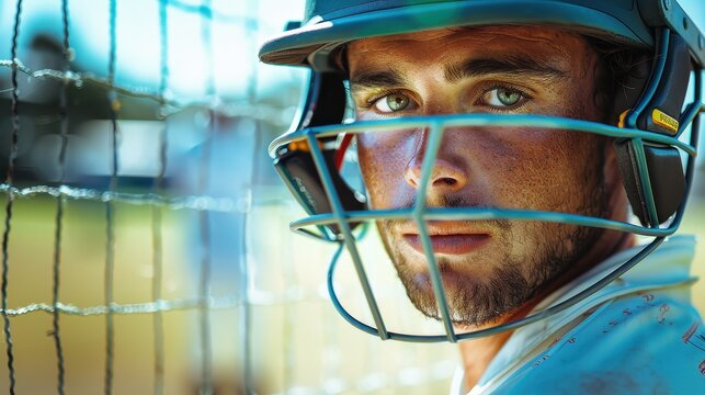 A cricket player in a white jersey and helmet stands beside the practice net, preparing for the match with a focused expression, in a well-lit outdoor cricket field.