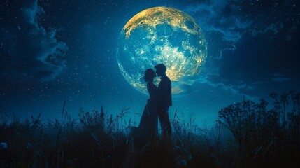 Dreamy romantic scenes with starry skies, moonlit landscapes, and silhouetted couples. , Minimalism,
