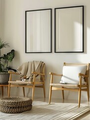 Two chairs and a plant in a white room.