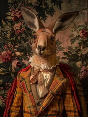 Portrait of a red-necked kangaroo dressed in a checkered plaid jacket and bow tie.