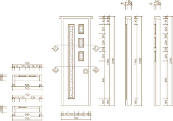 Vector silhouette illustration sketch of a detailed image of a door and window design with a size scale for home interior construction